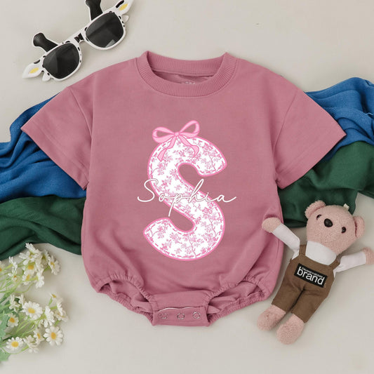 Personalized Sophia Name Bubble Romper S Initial Delicate Chinoiserie Floral Baby Girl Outfit with Pink Bow Birthday Shower Gift