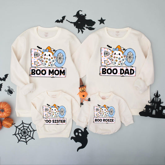 Personalized Boo Ghost Family Matching Halloween Shirts with Witch Hat, Playful Pastel Name Tees for Kids, Baby & Toddlers, Floral Decorated.