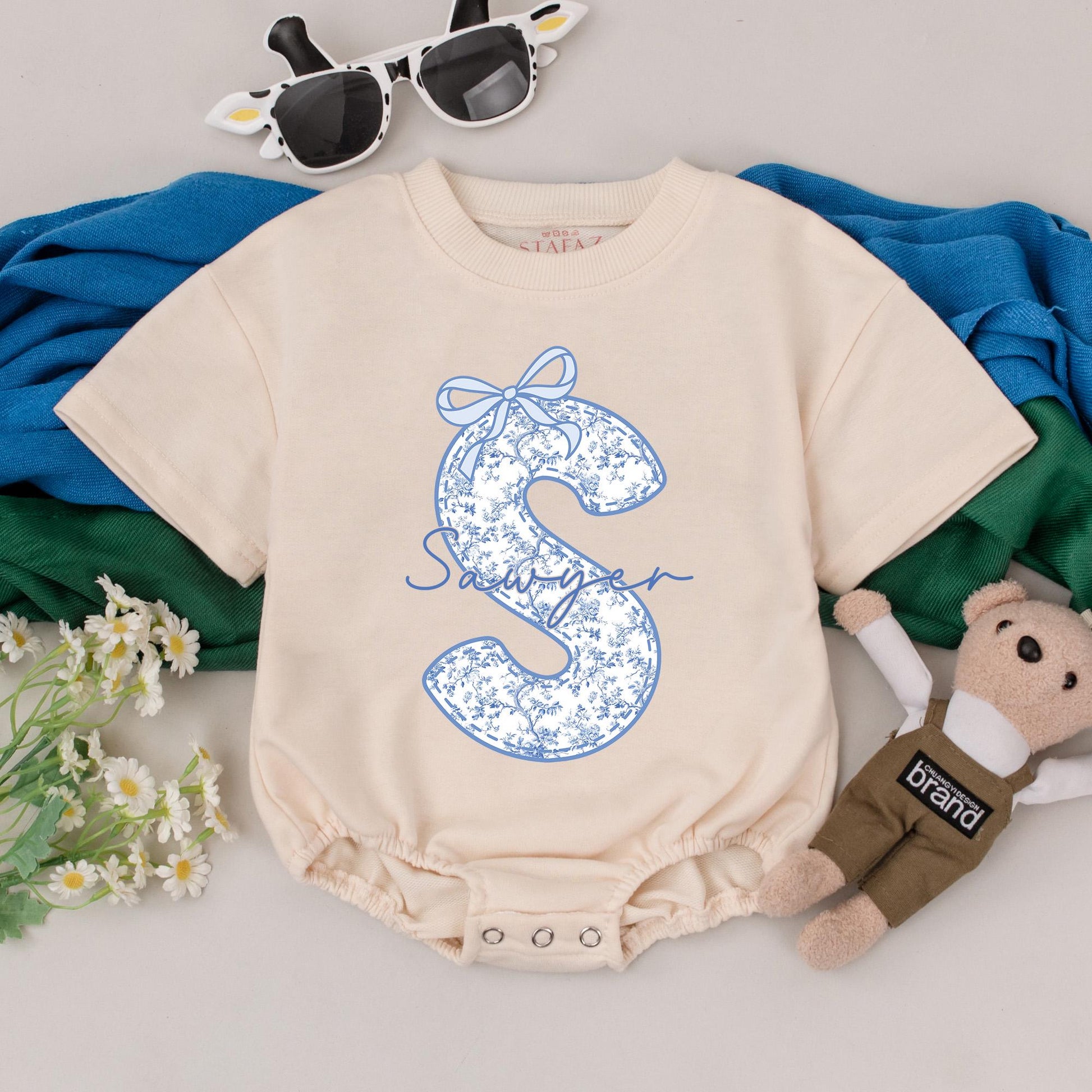 Personalized Sawyer Blue Chinoiserie Floral Bubble Romper Initial S Design Baby Girl Bodysuit Elegant Birthday Outfit Baby Shower Gift