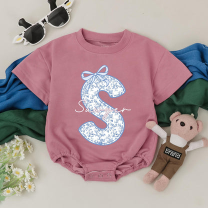 Personalized Sawyer Blue Chinoiserie Floral Bubble Romper Initial S Design Baby Girl Bodysuit Elegant Birthday Outfit Baby Shower Gift