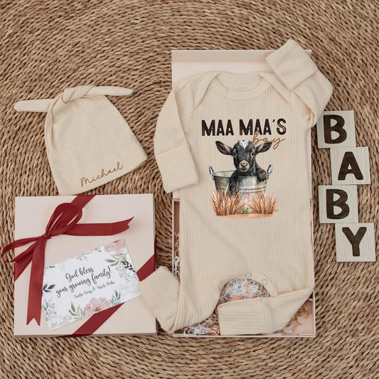 Maa Maa's Boy Baby Bodysuit with Cute Country Farm Goat Graphic Print, Newborn Romper for Baby Coming Home & Shower Gift Celebration