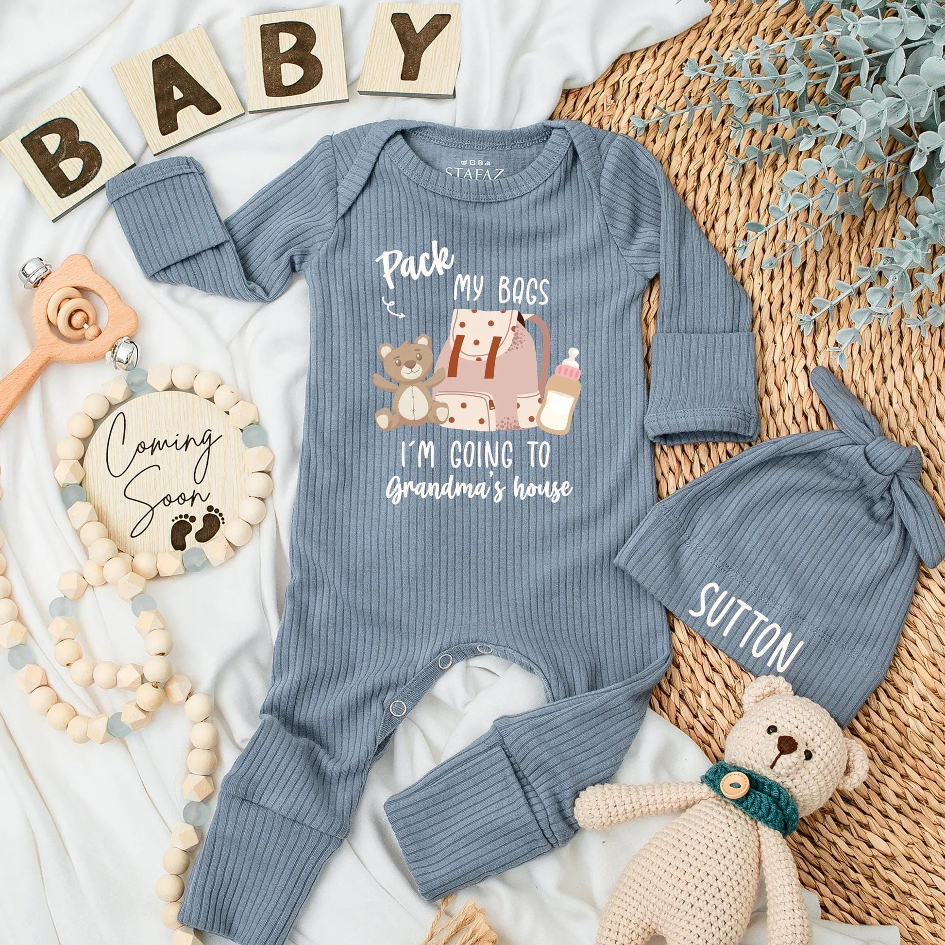 Grandma's House Baby Bodysuit: Pack My Bags Cute Newborn Outfit, Soft Cotton Coming Home Clothes, Funny Grandparent Gift, Neutral Colors 136