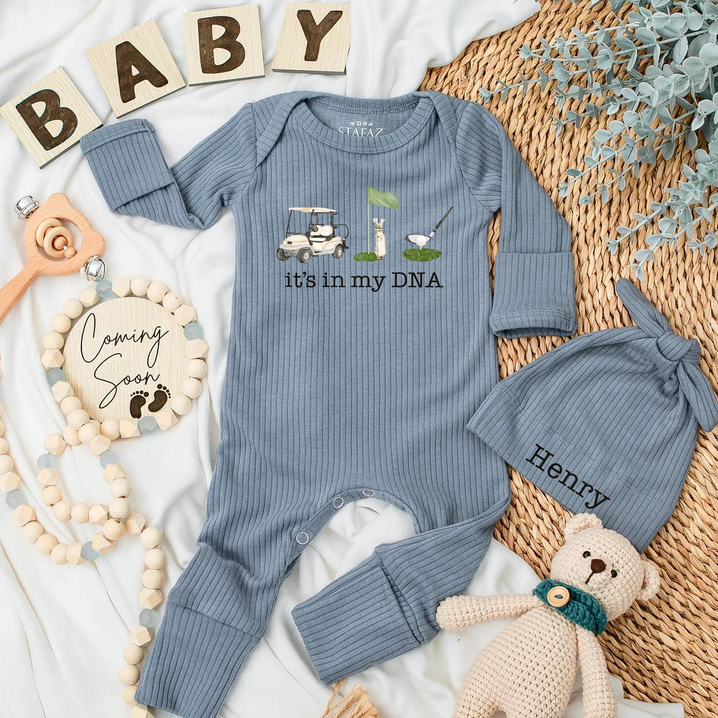 Golf Baby Bodysuit "It's In My DNA" Newborn Outfit with Golf Cart & Clubs Muted Greens Whites Browns Cute Sport Baby Shower Gift 138 Chars