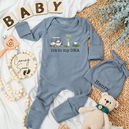 Golf Baby Bodysuit "It's In My DNA" Newborn Outfit with Golf Cart & Clubs Muted Greens Whites Browns Cute Sport Baby Shower Gift 138 Chars
