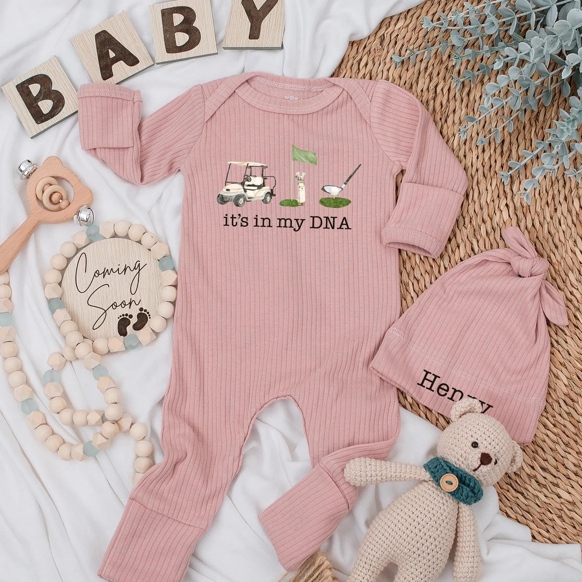 Golf Baby Bodysuit "It's In My DNA" Newborn Outfit with Golf Cart & Clubs Muted Greens Whites Browns Cute Sport Baby Shower Gift 138 Chars