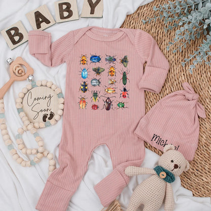 Personalized Baby Insect Bodysuit Colorful Bugs Newborn Outfit with Realistic Beetle Grid Illustrations, Baby Shower Gift & Coming Home