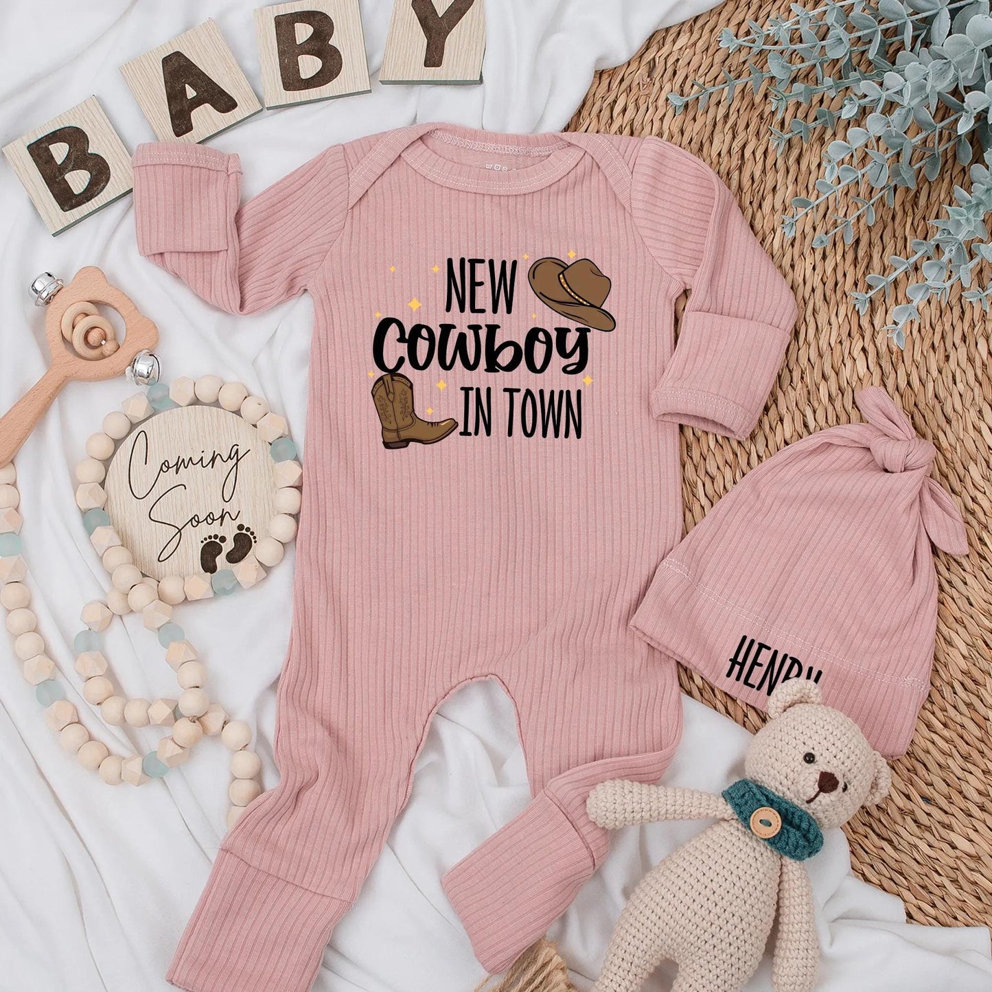 Personalized New Cowboy in Town Baby Bodysuit with Cute Western Hat & Boot Design Sweet Rodeo Newborn Country Boy Shower Gift Coming Home Outfit