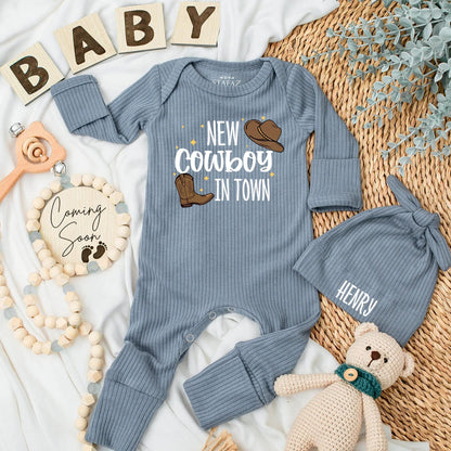 Personalized New Cowboy in Town Baby Bodysuit with Cute Western Hat & Boot Design Sweet Rodeo Newborn Country Boy Shower Gift Coming Home Outfit