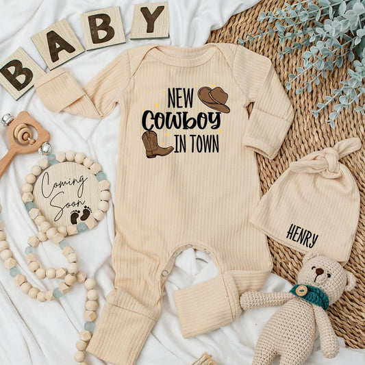 Personalized New Cowboy in Town Baby Bodysuit with Cute Western Hat & Boot Design Sweet Rodeo Newborn Country Boy Shower Gift Coming Home Outfit