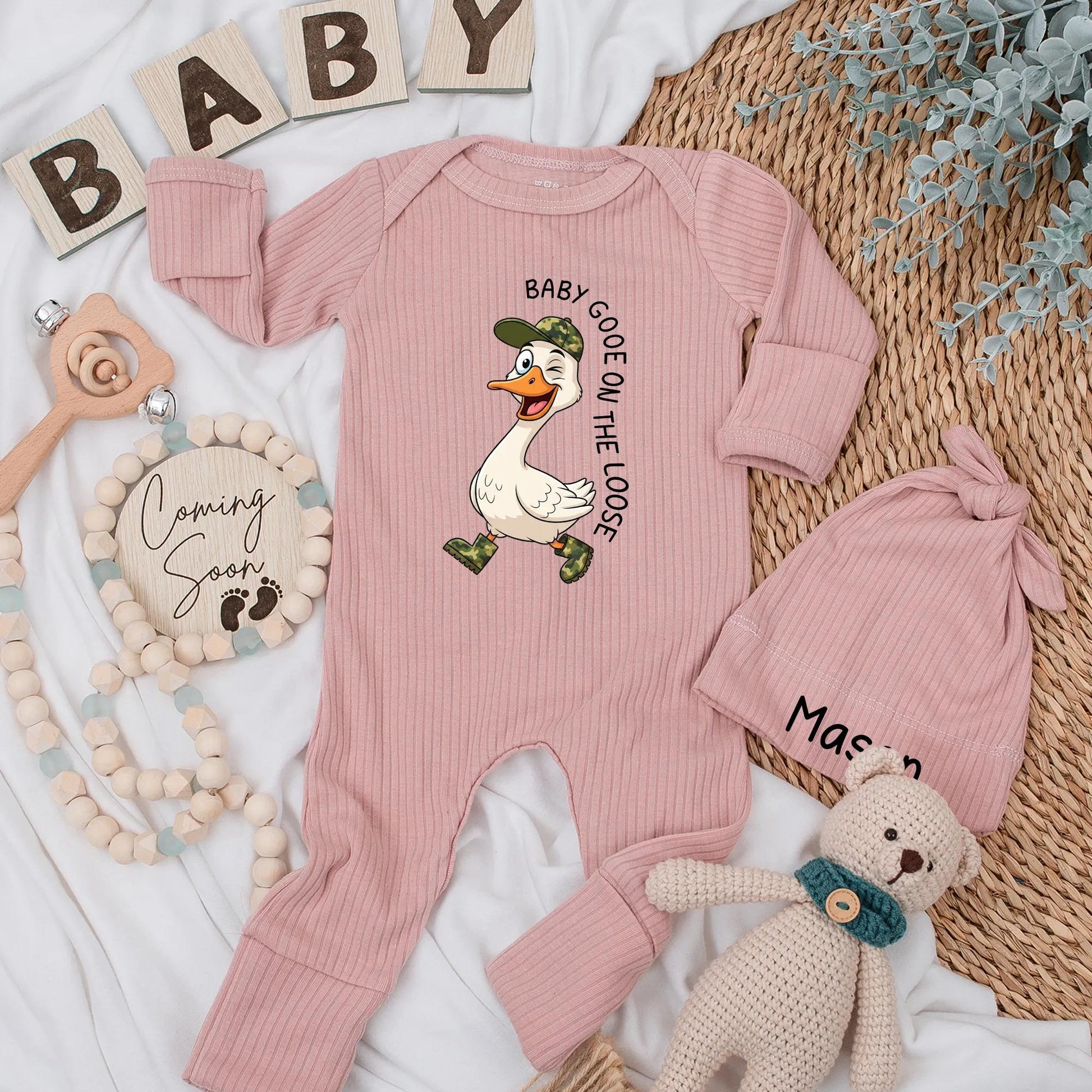 Personalized Baby Goose on the Loose Bodysuit Funny Cartoon Goose Winking Newborn Outfit Baby Boy Clothes Perfect Shower Gift