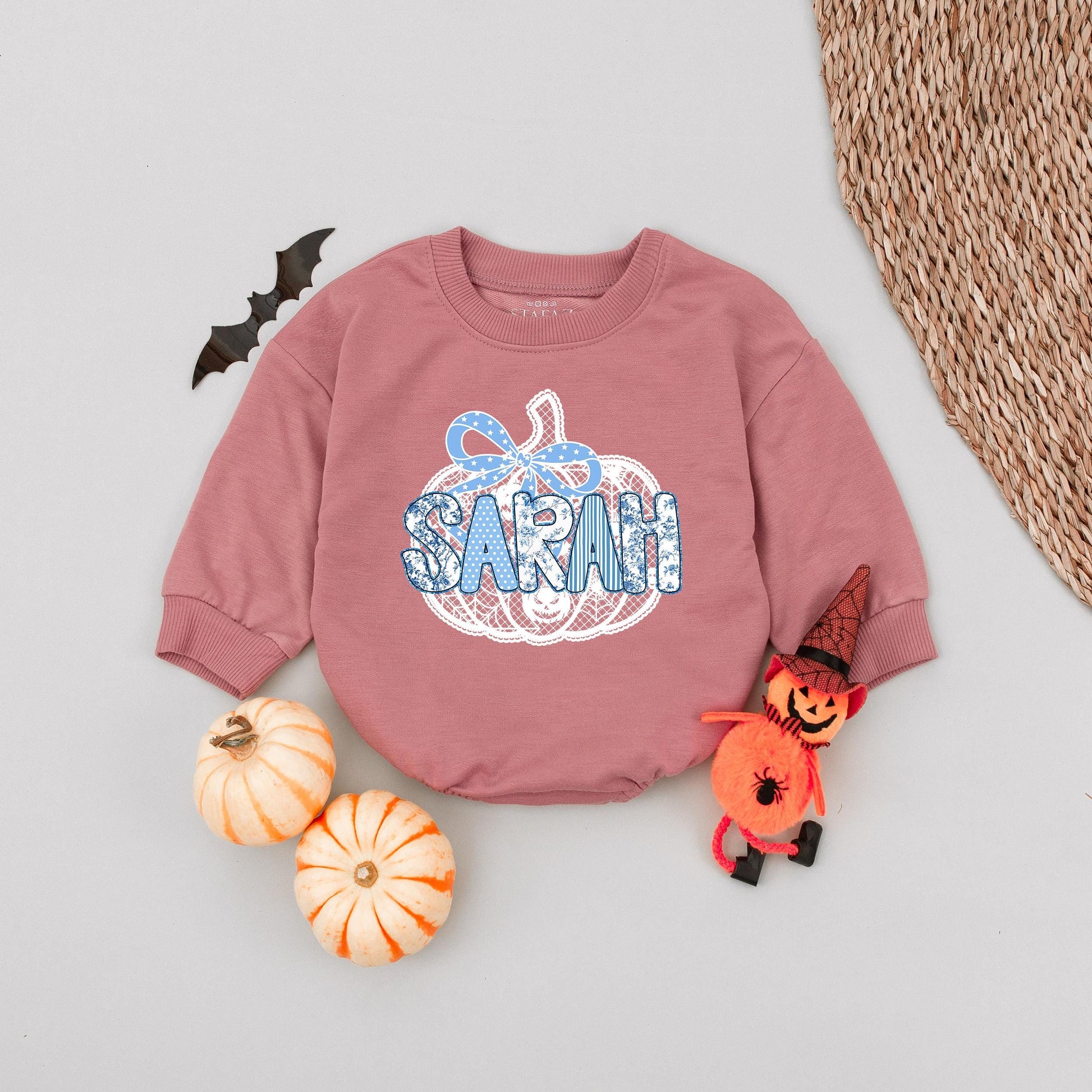 Personalized Black Lace Pumpkin Romper Cute Blue Star Bow Custom Name Halloween Toddler Baby Girl Bodysuit Fall Pumpkin Season Outfit
