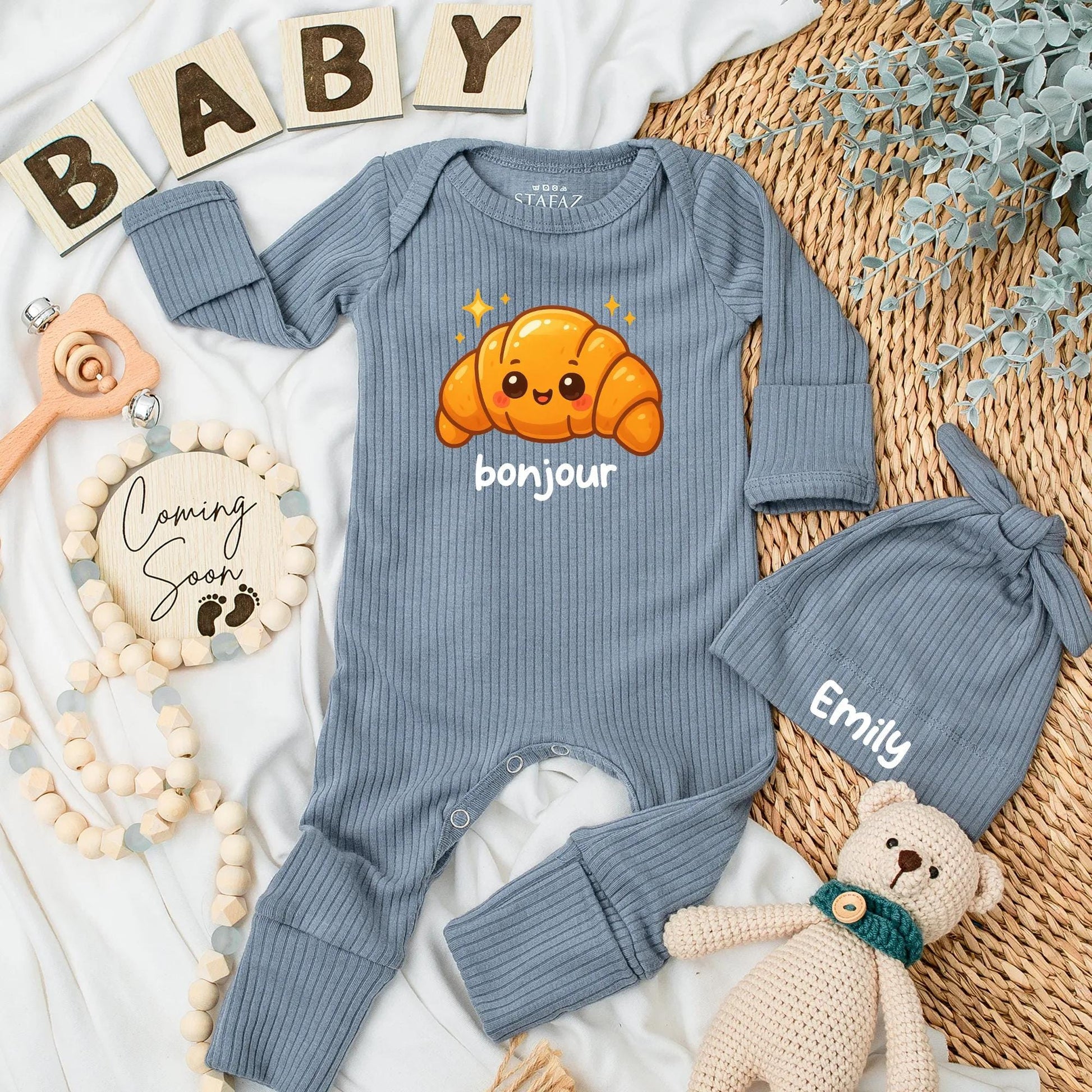 Cute Bonjour Croissant Baby Bodysuit French Food Newborn Outfit Baby Shower Gift Coming Home Outfit Girl Boy Romper