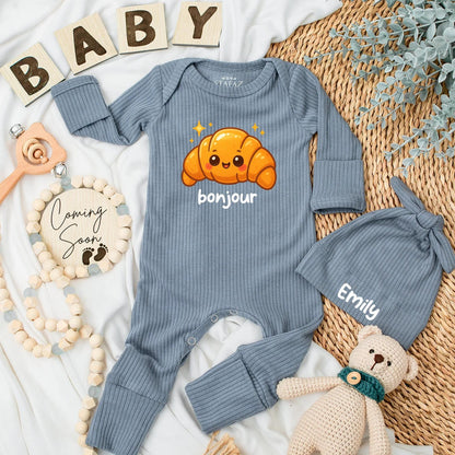 Cute Bonjour Croissant Baby Bodysuit French Food Newborn Outfit Baby Shower Gift Coming Home Outfit Girl Boy Romper