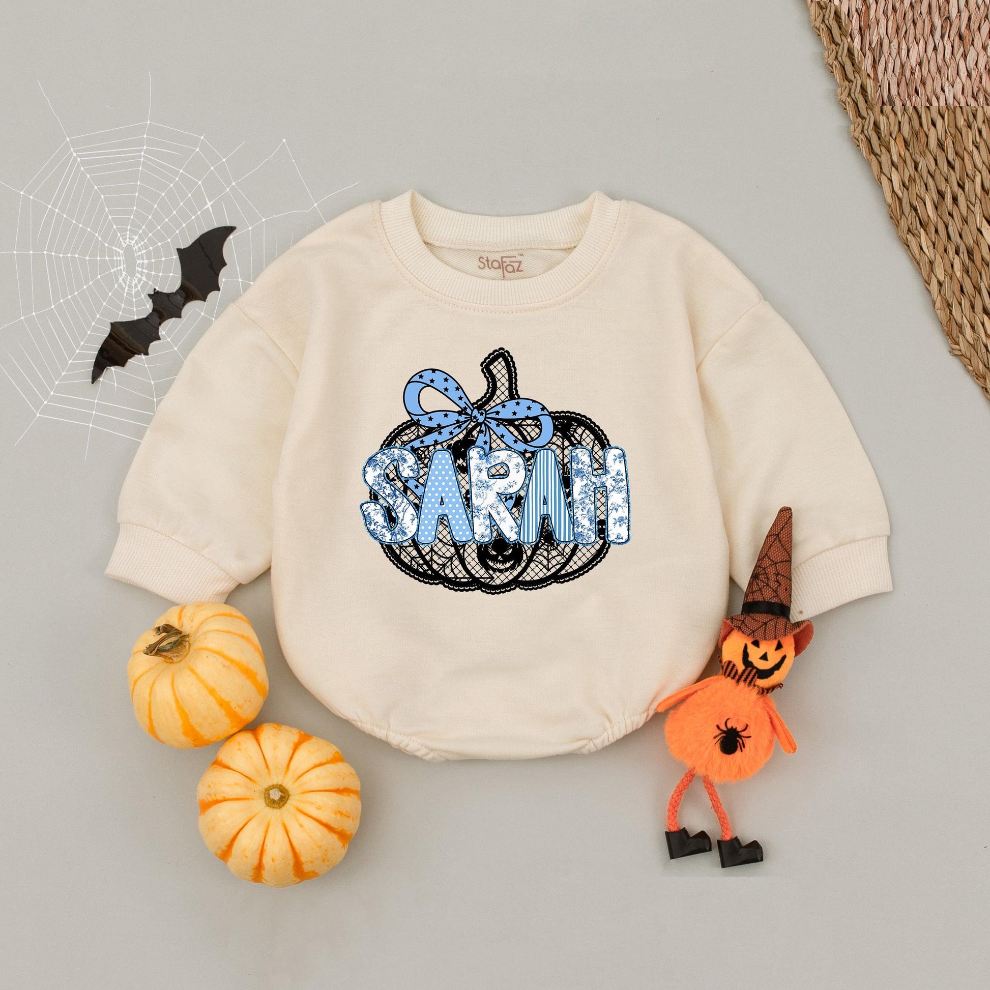 Personalized Black Lace Pumpkin Romper Cute Blue Star Bow Custom Name Halloween Toddler Baby Girl Bodysuit Fall Pumpkin Season Outfit