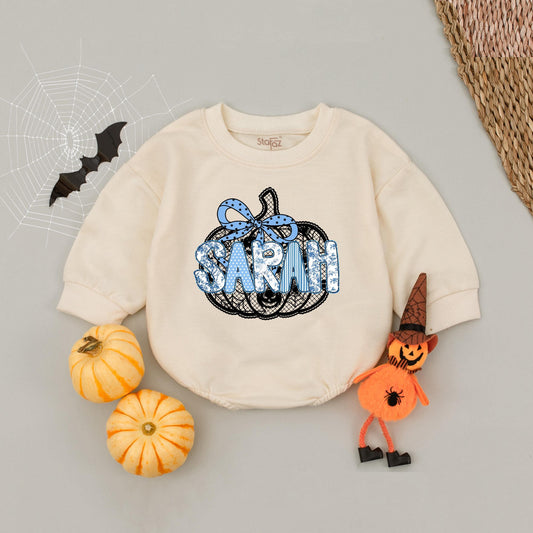 Personalized Black Lace Pumpkin Romper Cute Blue Star Bow Custom Name Halloween Toddler Baby Girl Bodysuit Fall Pumpkin Season Outfit