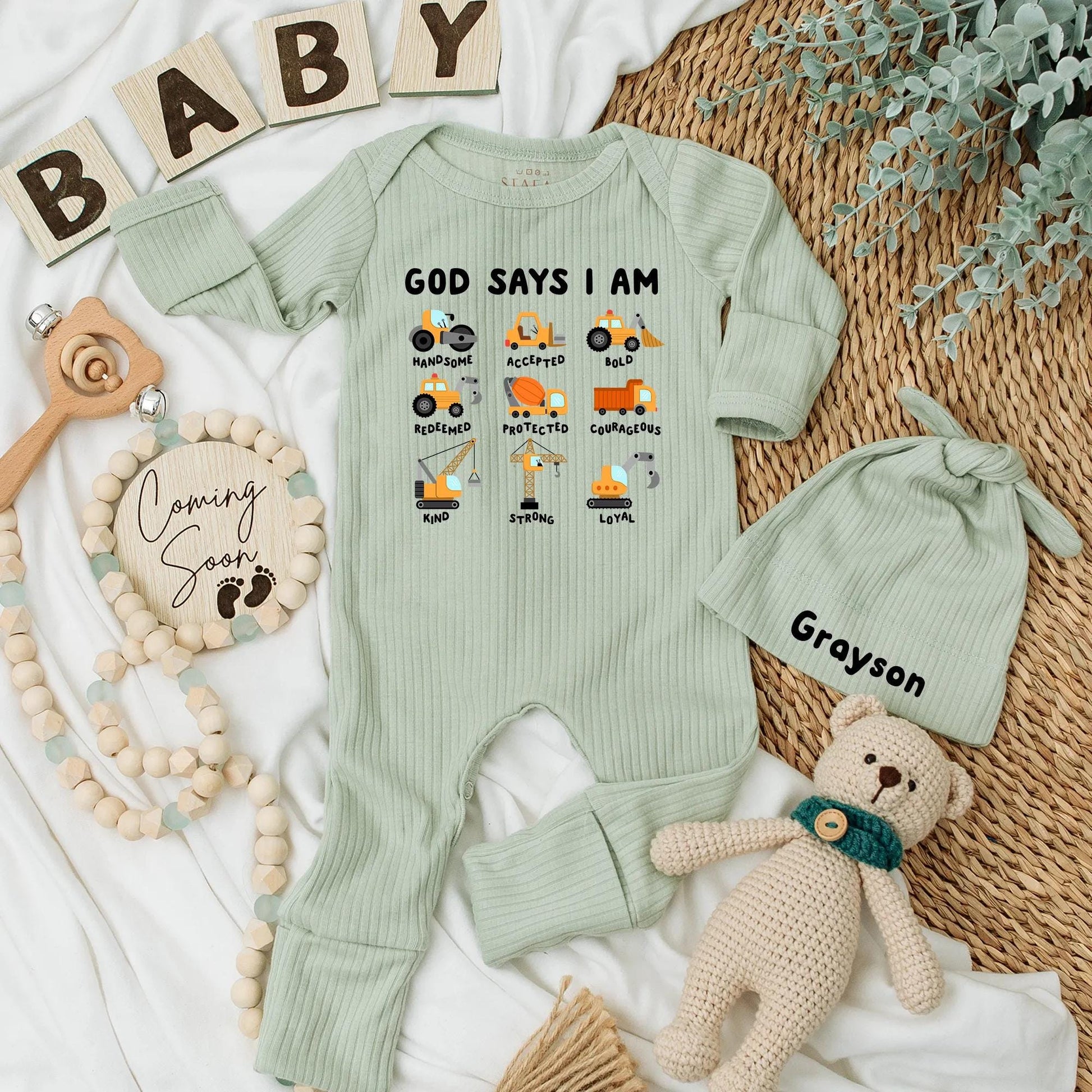 God Says I Am Baby Bodysuit Construction Trucks Outfit Christian Newborn Romper Handsome Accepted Baby Clothes Gift Truck Lover Courageous Kind Strong 137