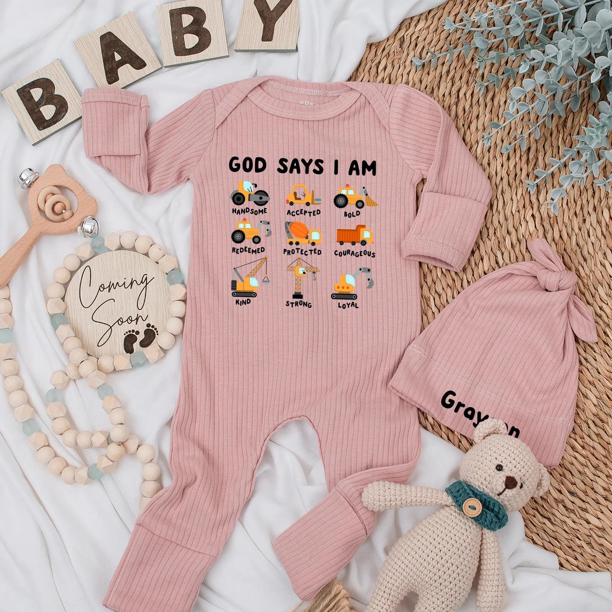 God Says I Am Baby Bodysuit Construction Trucks Outfit Christian Newborn Romper Handsome Accepted Baby Clothes Gift Truck Lover Courageous Kind Strong 137