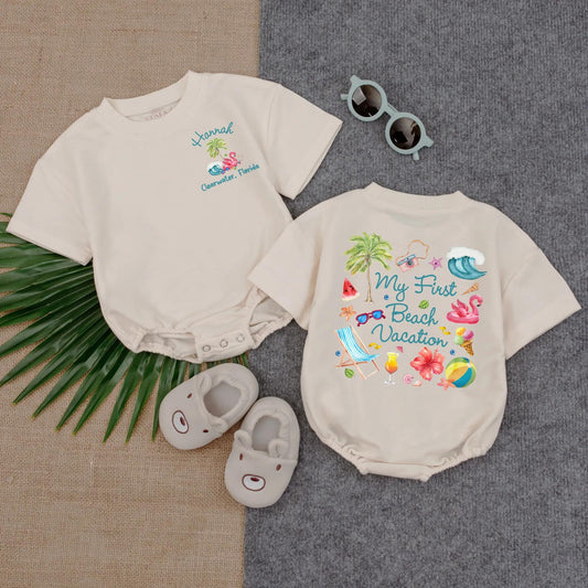My First Beach Vacation Baby Romper, Clearwater Florida Design, Summer Infant Clothes, Personalized Beach Bodysuit, Playful Vacation Outfit, Short Sleeve