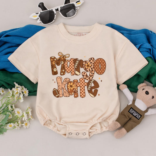 Personalized Margot Kate Football Romper Baby Girl Outfit, Retro Patchwork Design, Custom Name, Football Season Newborn Gift, Game Day Bodysuit