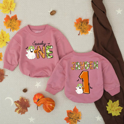 Personalized Spooky One Baby Romper, My First Halloween Outfit, Ghost and Bats Design, Custom Name Birthday Romper, Spooky Season Clothes, Bat Accents 1