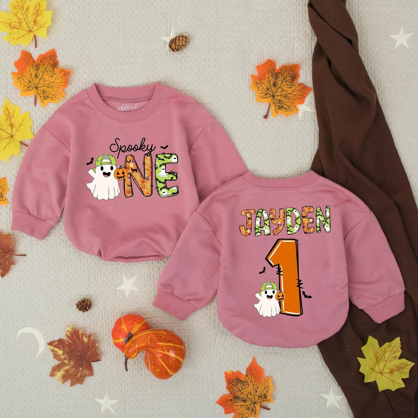 Personalized Spooky One Baby Romper with Ghost & Pumpkin for First Halloween, Custom Infant Boy Girl Outfit, Jayden One Birthday Bodysuit Celebration Gift