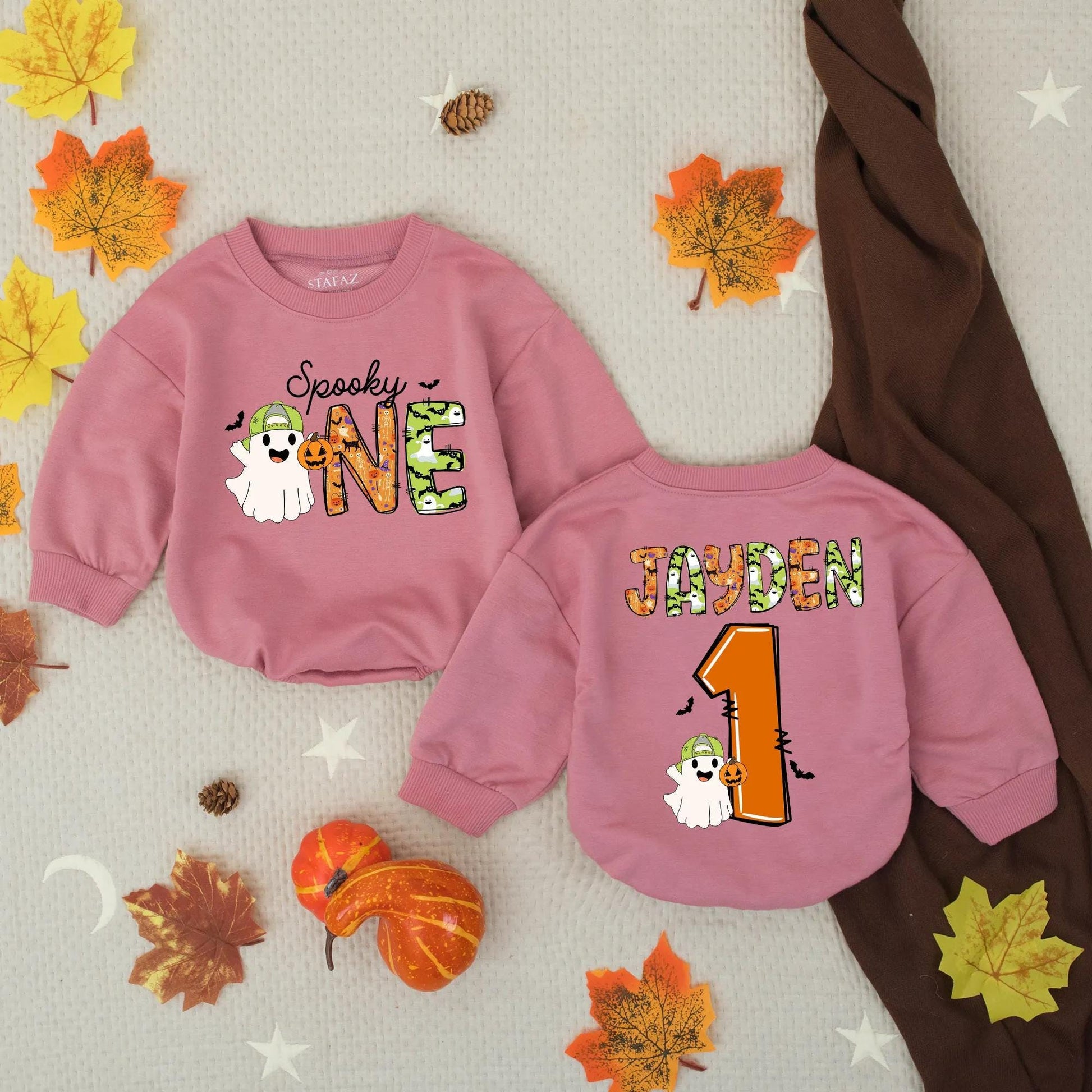 Personalized Spooky One Baby Romper with Ghost & Pumpkin for First Halloween, Custom Infant Boy Girl Outfit, Jayden One Birthday Bodysuit Celebration Gift