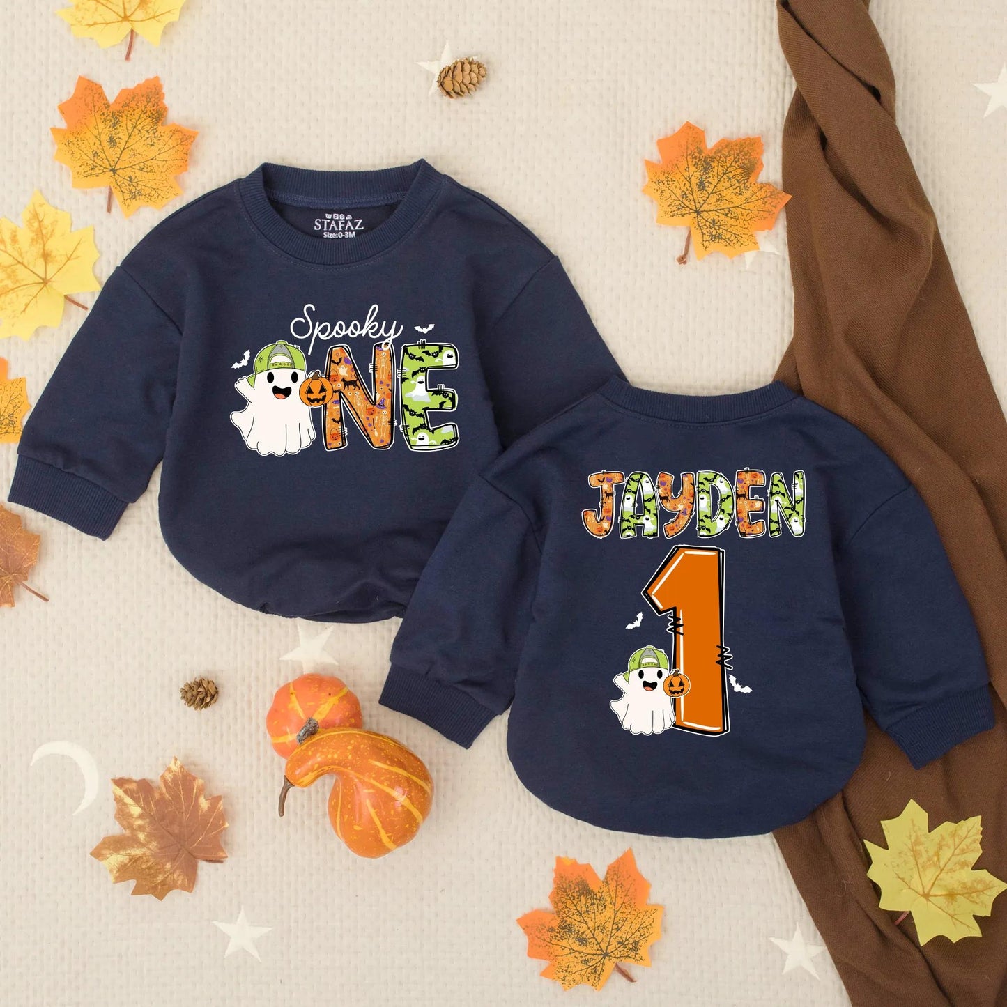 Personalized Spooky One Baby Romper, My First Halloween Outfit, Ghost and Bats Design, Custom Name Birthday Romper, Spooky Season Clothes, Bat Accents 1