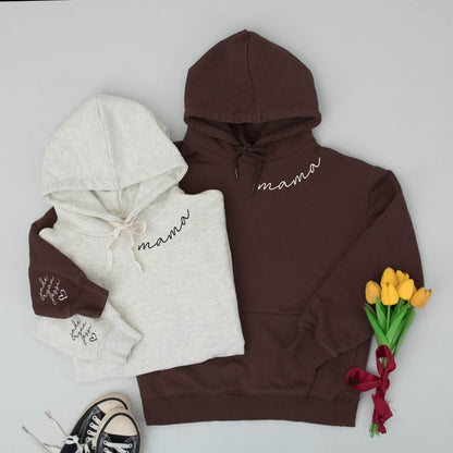 Custom Mama Hoodie and Sweatpants Set with Kid Names Minimalist Heart Design Comfortable Cotton Soft Everyday Wear Perfect Mom Gift
