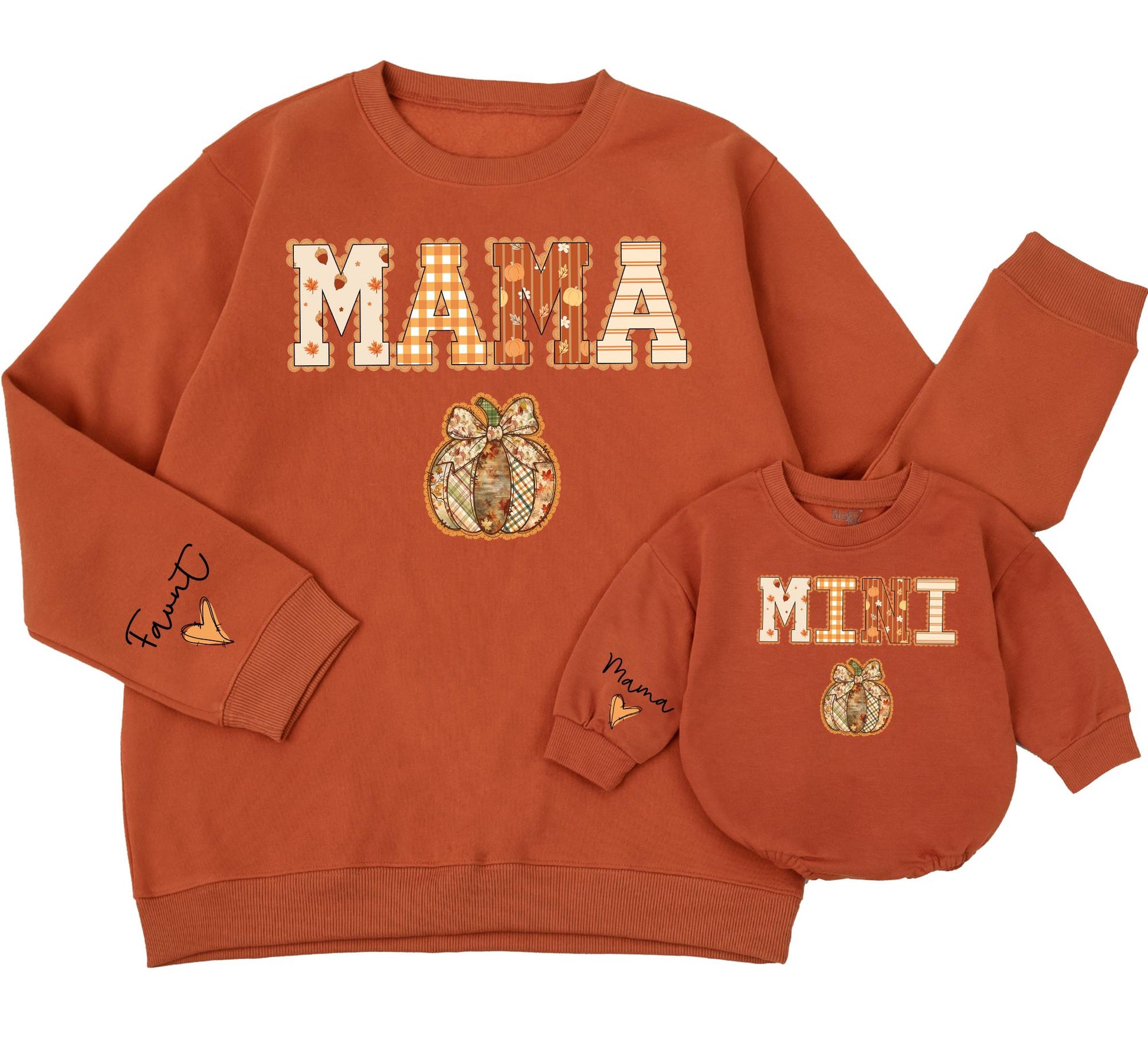 Mommy and Me Matching Fall Sweatshirts Mama Mini Pumpkin Lace Plaid Rustic Design with Autumn Leaves for Cozy Mom Daughter Halloween