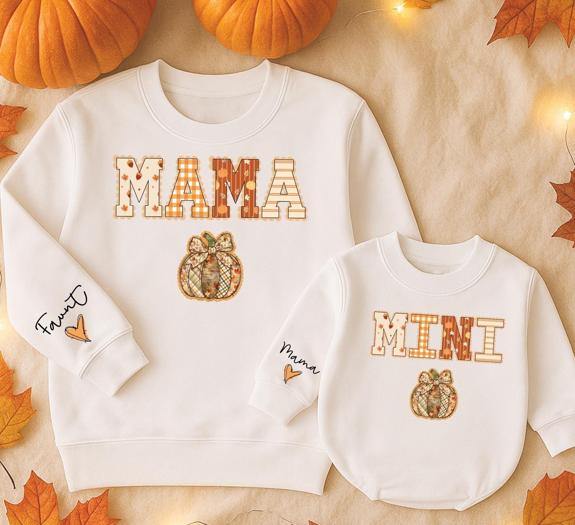 Mommy and Me Matching Fall Sweatshirts Mama Mini Pumpkin Lace Plaid Rustic Design with Autumn Leaves for Cozy Mom Daughter Halloween