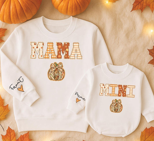 Mommy and Me Matching Fall Sweatshirts Mama Mini Pumpkin Lace Plaid Rustic Design with Autumn Leaves for Cozy Mom Daughter Halloween