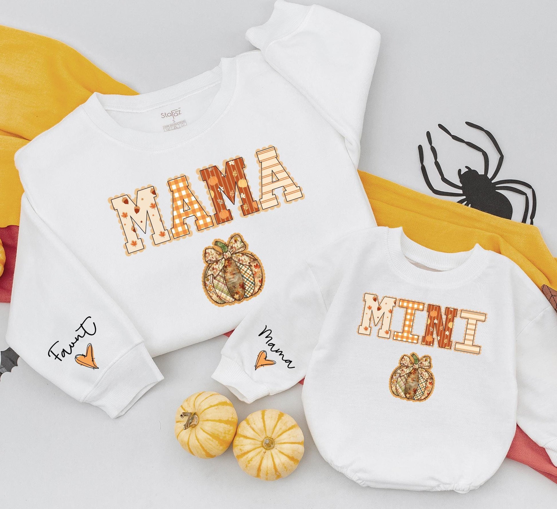 Mommy and Me Matching Fall Sweatshirts Mama Mini Pumpkin Lace Plaid Rustic Design with Autumn Leaves for Cozy Mom Daughter Halloween
