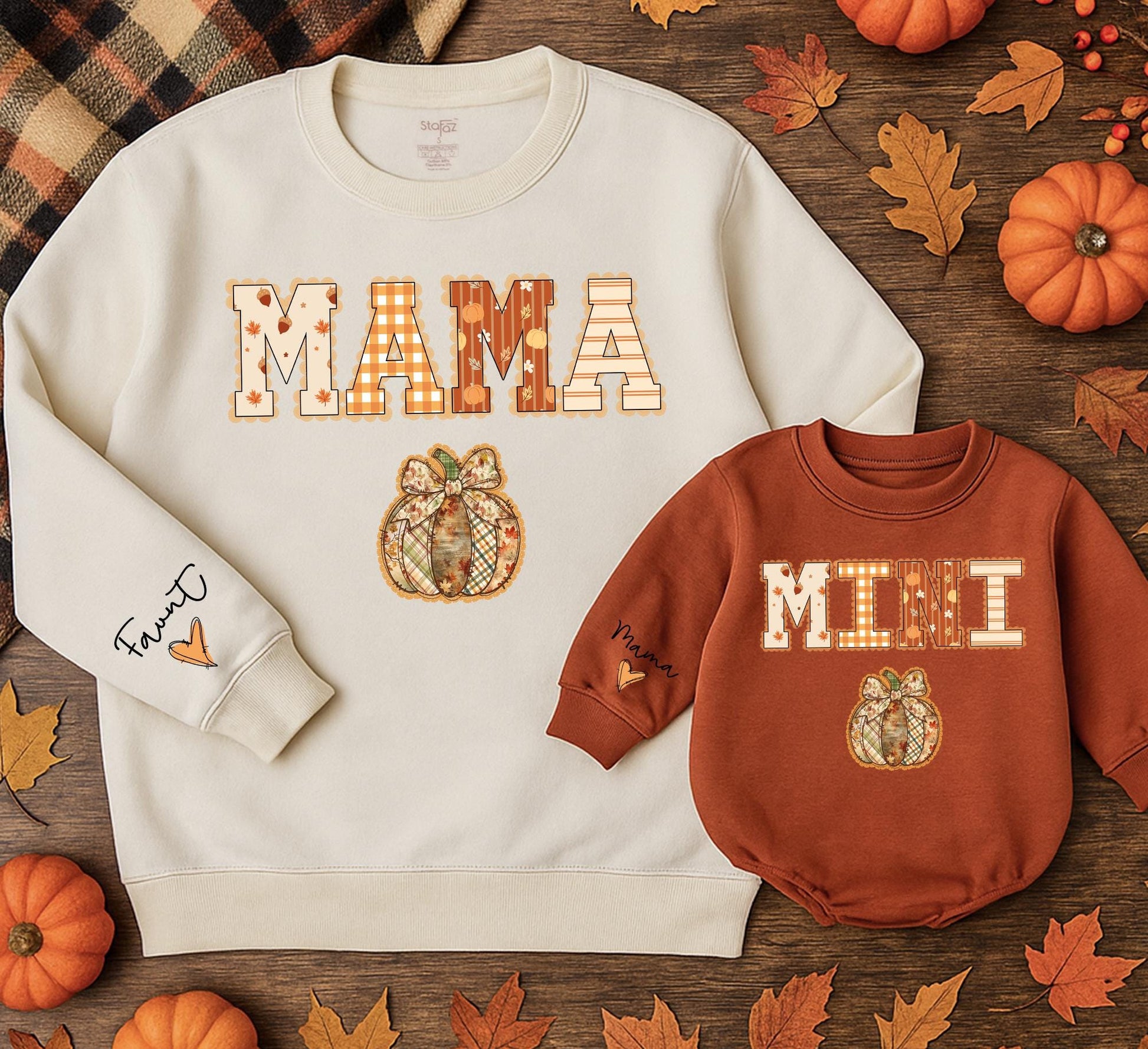 Mommy and Me Matching Fall Sweatshirts Mama Mini Pumpkin Lace Plaid Rustic Design with Autumn Leaves for Cozy Mom Daughter Halloween