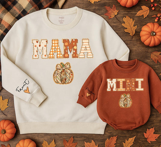 Mommy and Me Matching Fall Sweatshirts Mama Mini Pumpkin Lace Plaid Rustic Design with Autumn Leaves for Cozy Mom Daughter Halloween