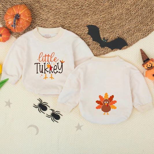Little Turkey Retro Thanksgiving Baby Romper Orange Brown Cartoon Turkey Head Cute Baby Girl Outfit Soft Cotton Comfortable Holiday Gift