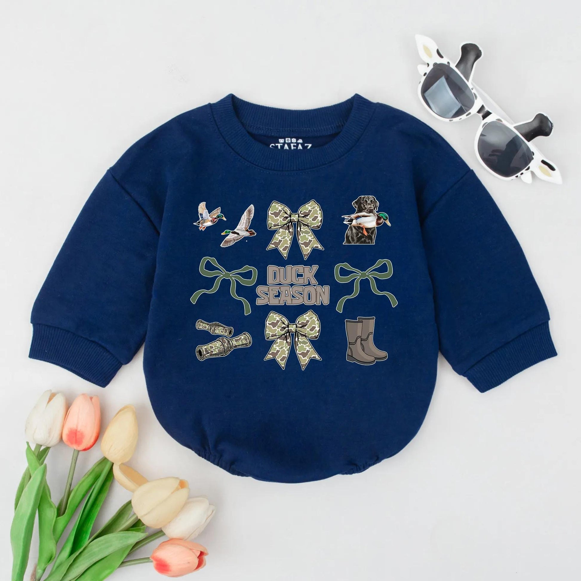 Duck Season Bubble Romper with Camo Bows Mallard Duck Black Lab Graphic Baby Outfit Rustic Outdoor Newborn Gift