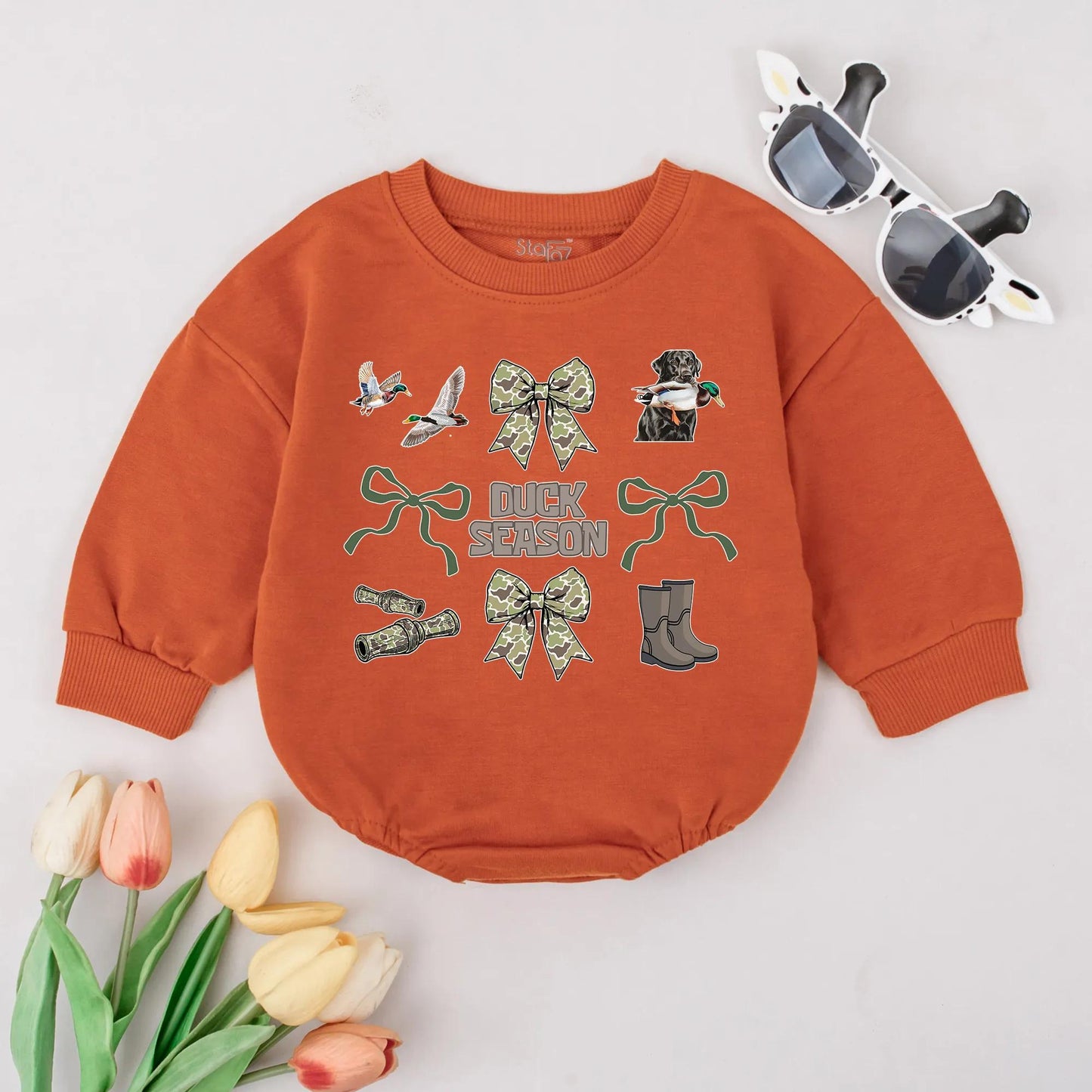 Duck Season Bubble Romper with Camo Bows Mallard Duck Black Lab Graphic Baby Outfit Rustic Outdoor Newborn Gift