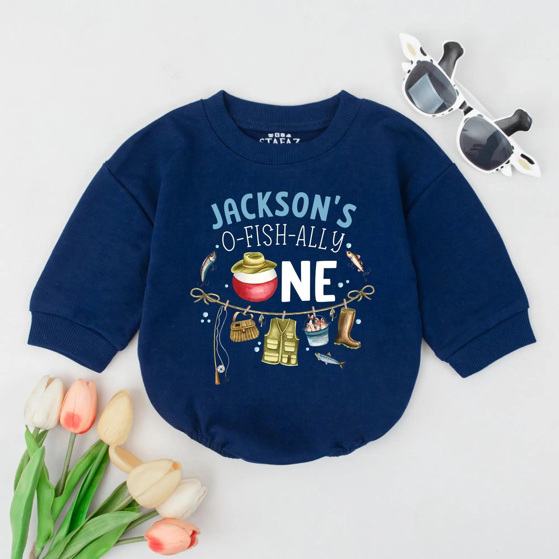 Personalized Jackson's O-Fish-Ally One Baby Boy Romper First Birthday Outfit Whimsical Fishing Design One Year Old Gift Baby Shower Clothes
