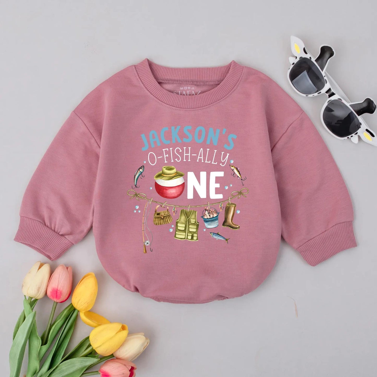 Personalized Jackson's O-Fish-Ally One Baby Boy Romper First Birthday Outfit Whimsical Fishing Design One Year Old Gift Baby Shower Clothes