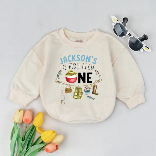 Personalized Jackson's O-Fish-Ally One Baby Boy Romper First Birthday Outfit Whimsical Fishing Design One Year Old Gift Baby Shower Clothes