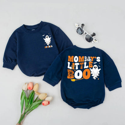 Mommy's Little Boo Romper Orange Black Ghost Spooky Cute Baby's First Halloween Costume Newborn Bodysuit Cartoonish Style Fall Season Gift Stars