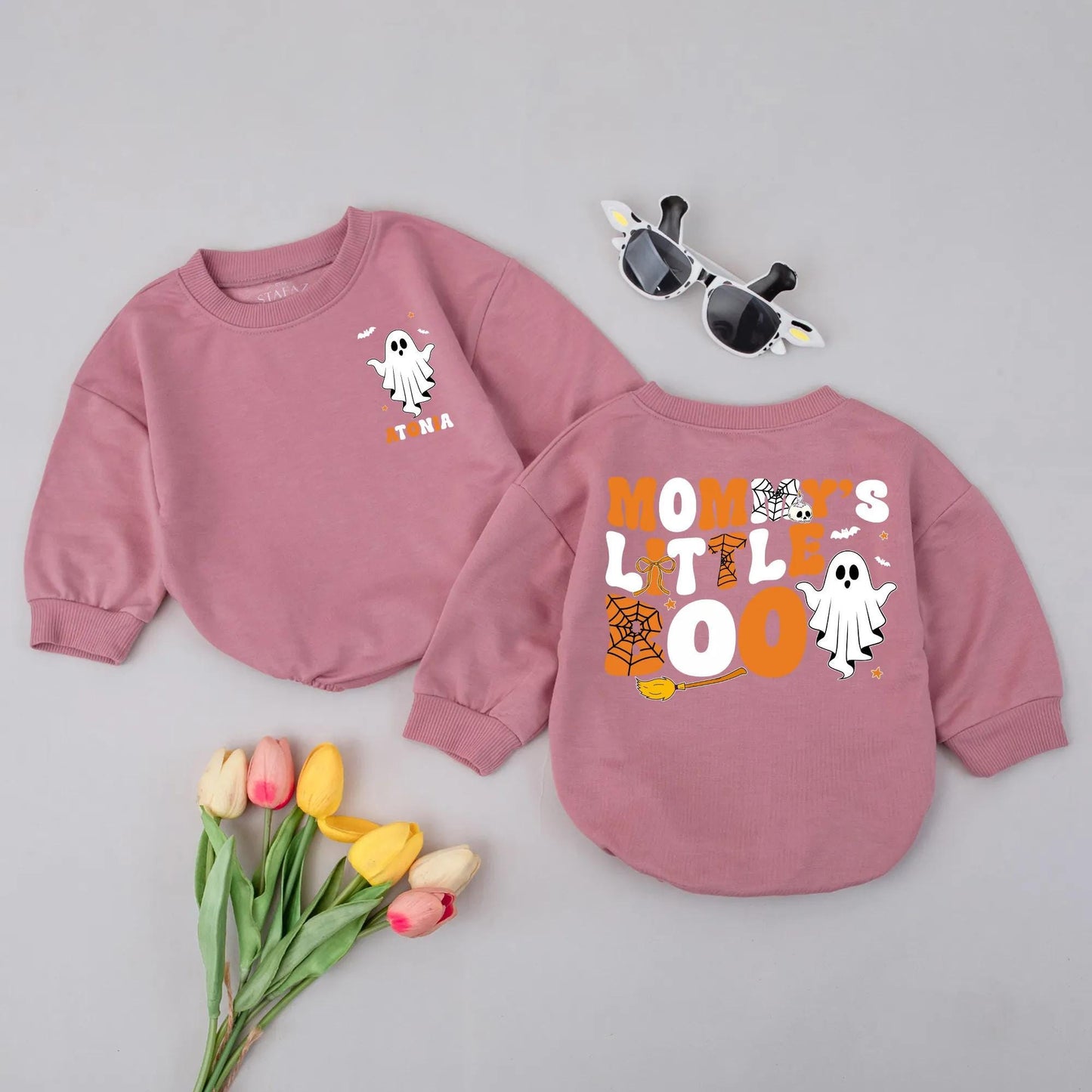 Mommy's Little Boo Romper Orange Black Ghost Spooky Cute Baby's First Halloween Costume Newborn Bodysuit Cartoonish Style Fall Season Gift Stars