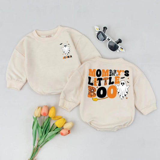 Mommy's Little Boo Romper Orange Black Ghost Spooky Cute Baby's First Halloween Costume Newborn Bodysuit Cartoonish Style Fall Season Gift Stars