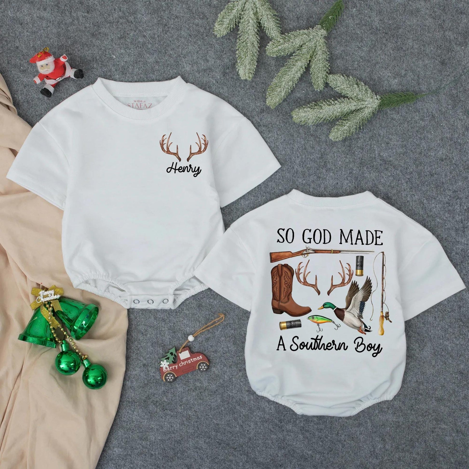 Personalized Henry's Southern Boy Bubble Romper Custom Name Baby Hunting Bodysuit Outdoor Kid Toddler Little Hunter Gift Comfortable Cotton Fun