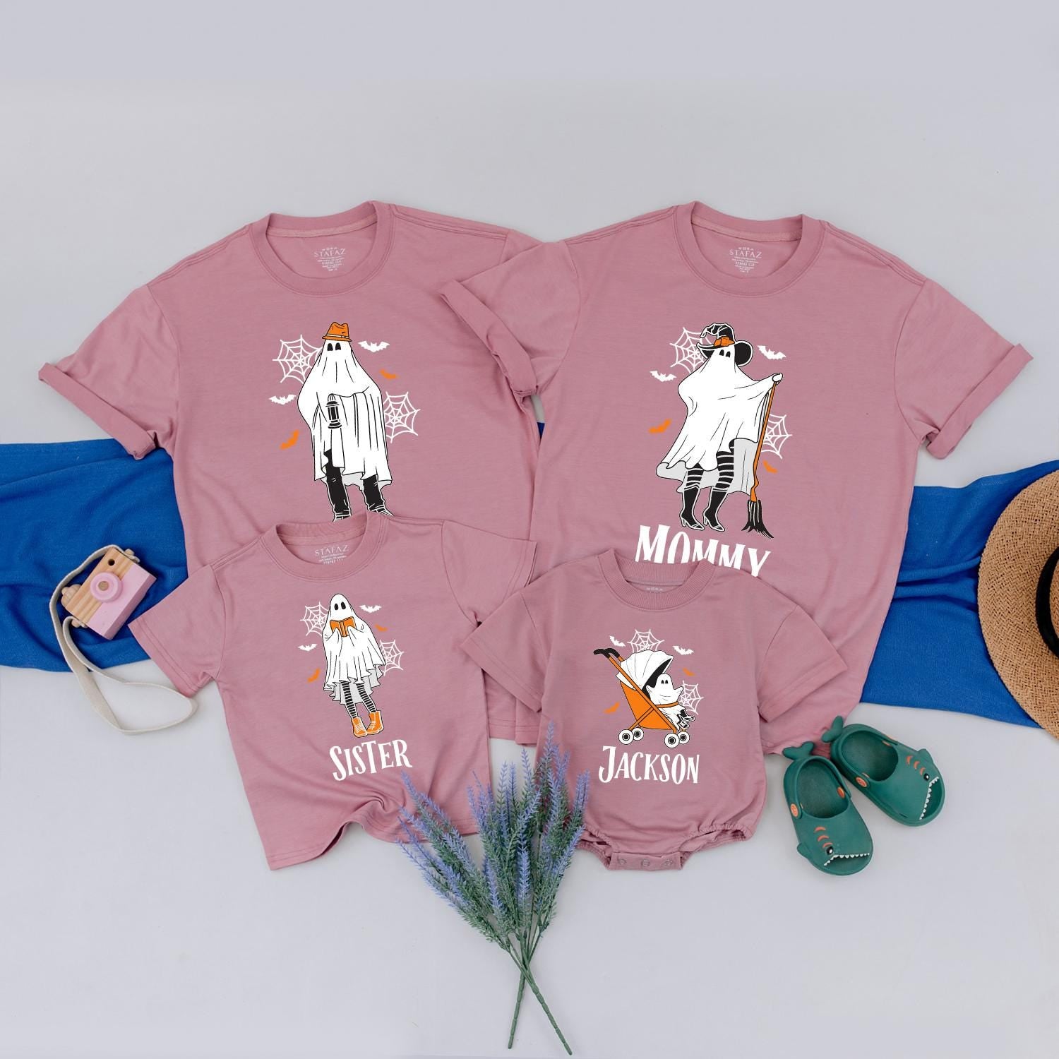 Spooky Ghost Family Matching Halloween Shirts, Personalized with Names - Cute Outfits for Kids and Adults, Fun Spooky Season Birthday Ghoul Tees