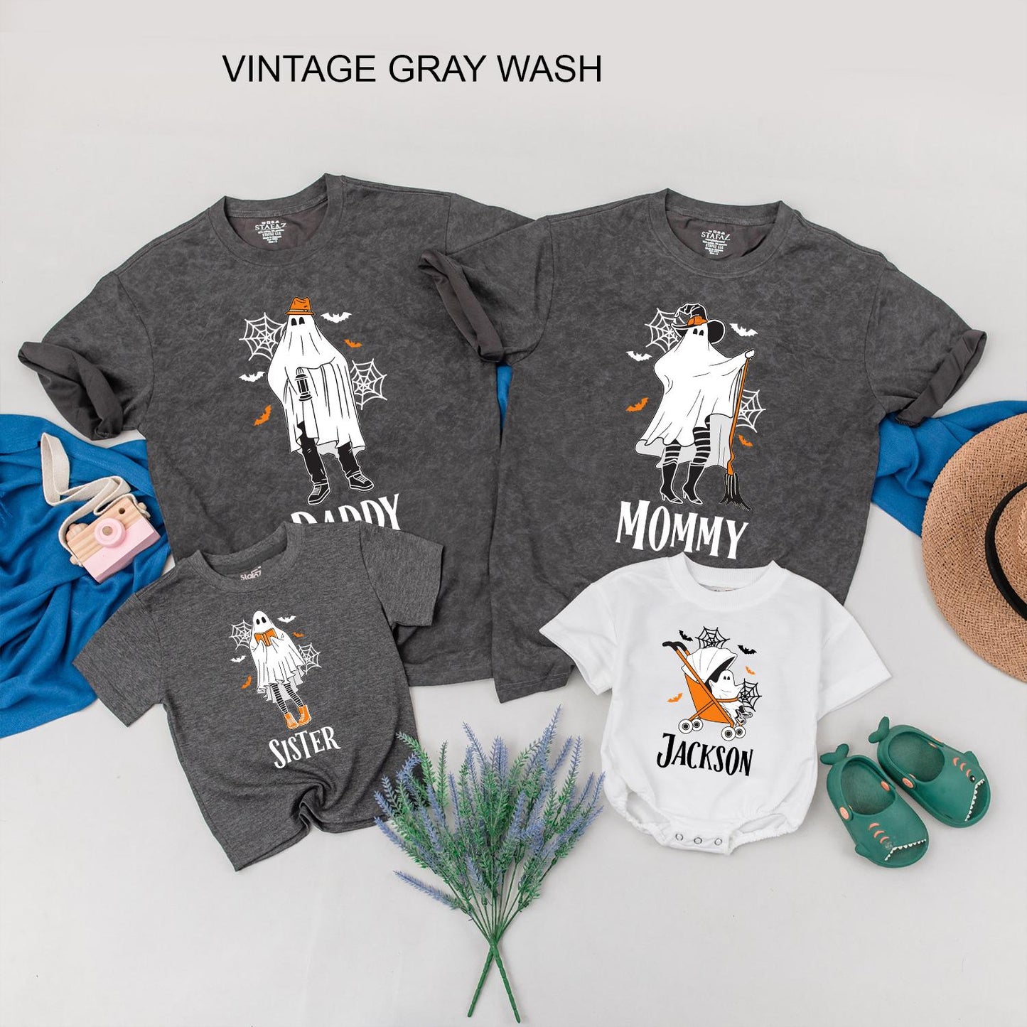 Spooky Ghost Family Matching Halloween Shirts, Personalized with Names - Cute Outfits for Kids and Adults, Fun Spooky Season Birthday Ghoul Tees