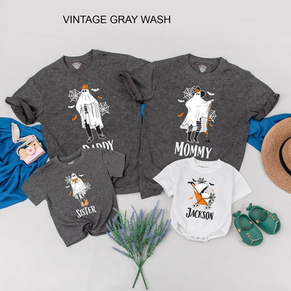 Spooky Ghost Family Matching Halloween Shirts, Personalized with Names - Cute Outfits for Kids and Adults, Fun Spooky Season Birthday Ghoul Tees