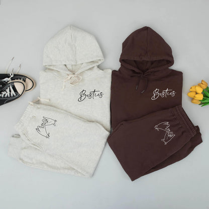 Personalized Besties Hoodie & Sweatpants Set with Names Friendship Gift Girls Pinky Promise Design Black Ink Cursive Print Birthday Present
