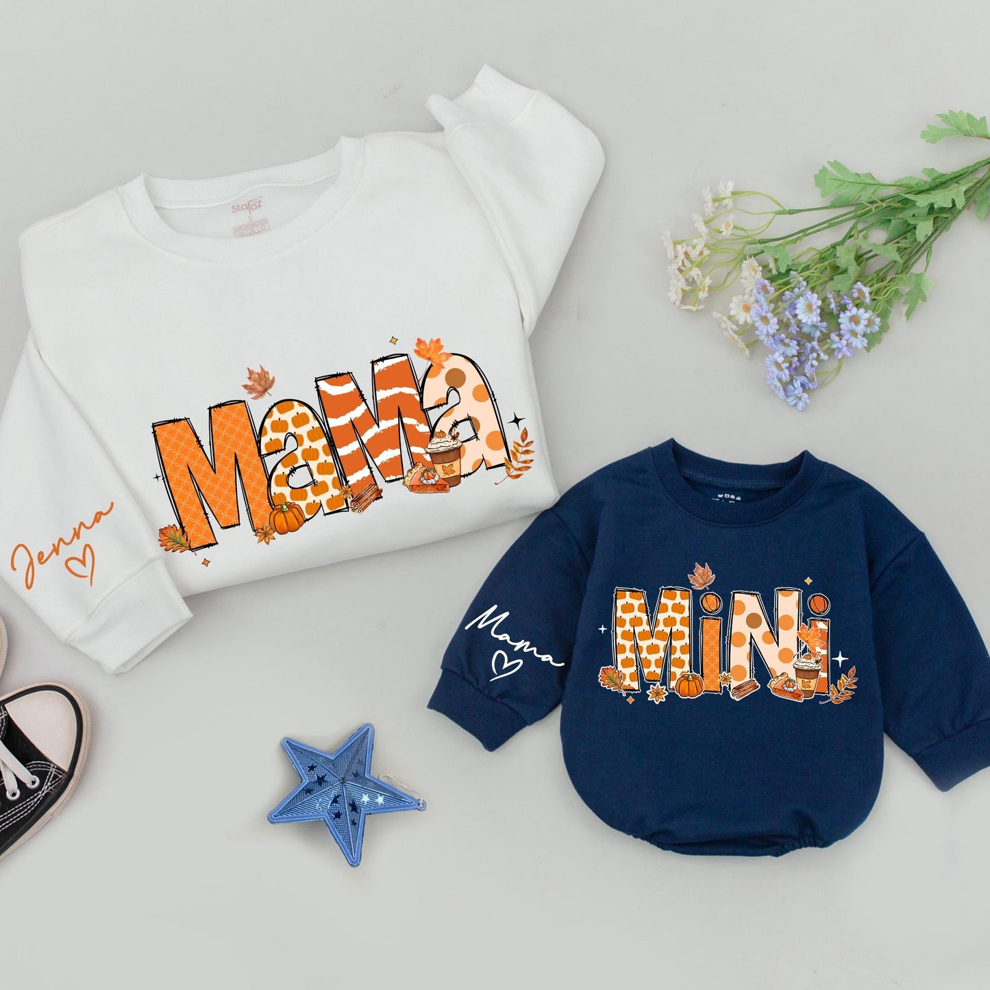 Matching Fall Mama Mini Sweatshirts, Retro Thanksgiving Family Outfits, Personalized Mommy and Me Set, Pumpkin Design, Baby, Toddler