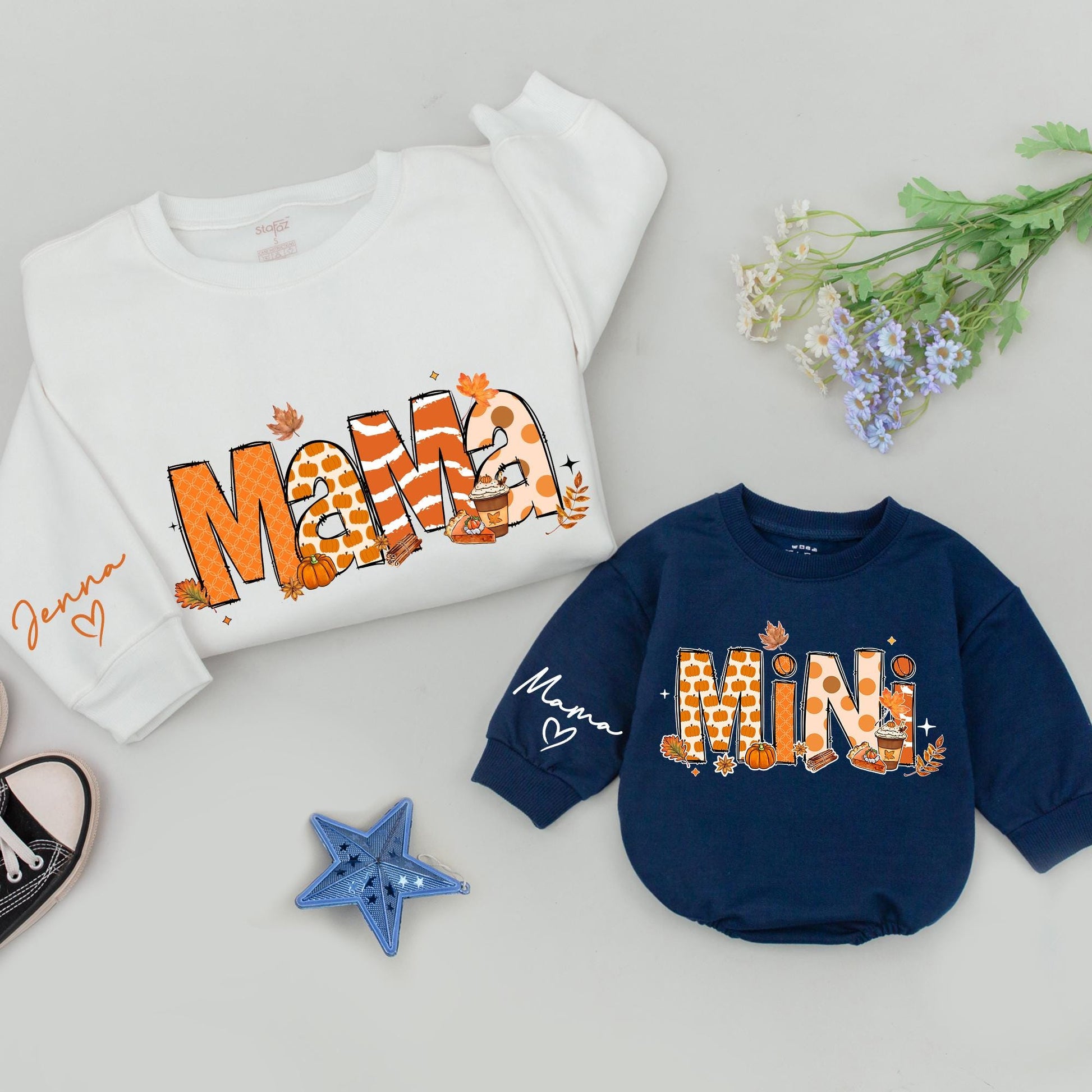Matching Fall Mama Mini Sweatshirts, Retro Thanksgiving Family Outfits, Personalized Mommy and Me Set, Pumpkin Design, Baby, Toddler